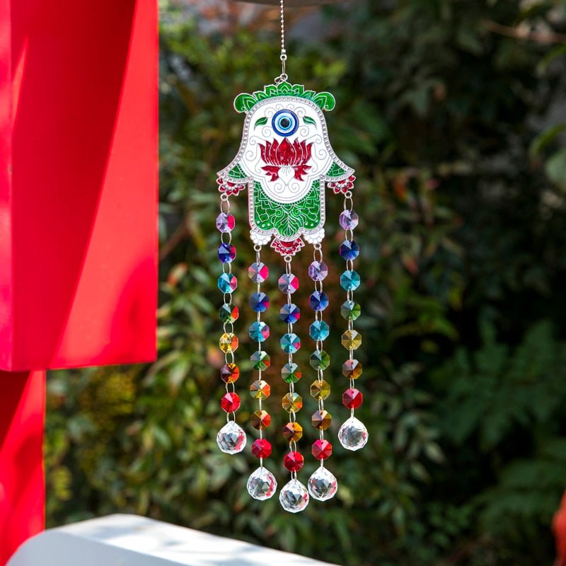 Evil Eye, Hamsa Hand and Lotus Flower Wall Hanging with Suncatcher Crystals - Wall Hanging