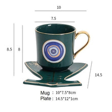 Load image into Gallery viewer, Evil Eye, Hamsa Hand and Mermaid&#39;s Tail themed Cup and Saucer Sets - Cup and Saucer SetGreenCircular DesignMermaid&#39;s Tail
