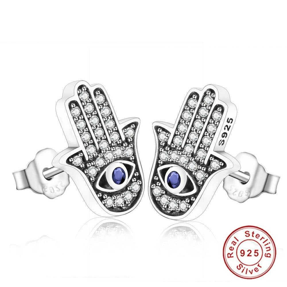 Evil Eye with Blue Hamsa Hand Silver Stud Earrings - Earrings