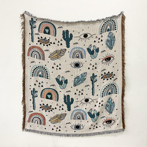 Evil Eye with Cacti and Crystals Multipurpose Blanket, Wall Hanging, Sofa Cover, and More - Home Decor