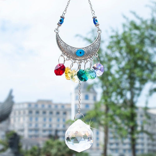 Evil Eye with Cresent Moon Wall Hanging with Multicolor Suncatcher Crystals - Wall Hanging