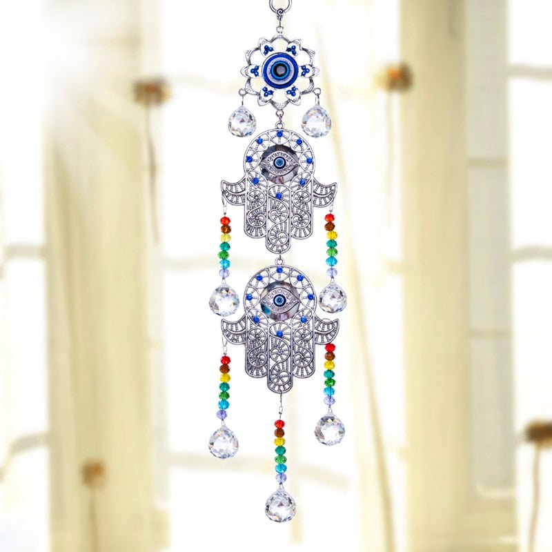 Evil Eye with Dual Hamsa Hands Wall Hanging with Suncatcher Crystals - Wall Hanging