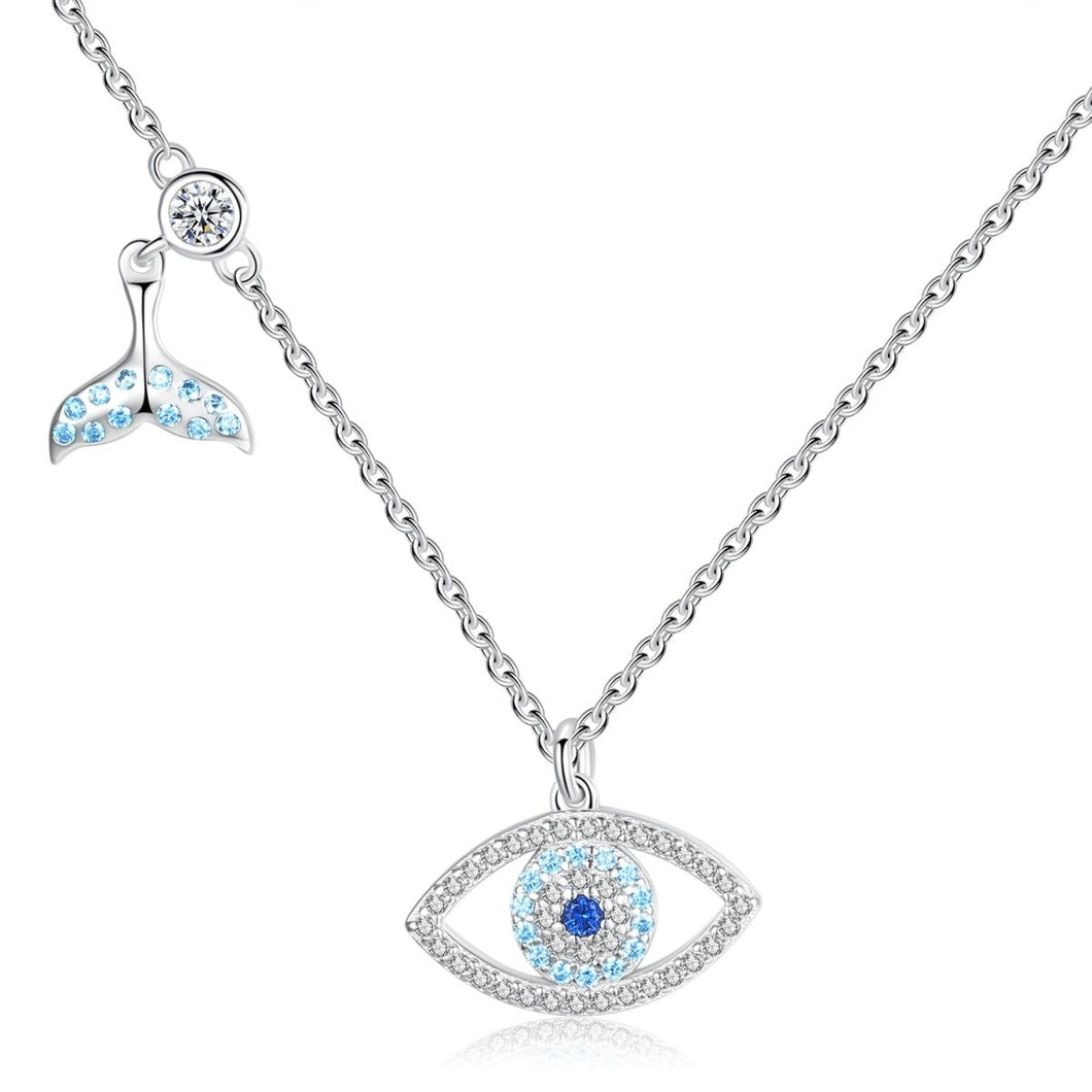 Evil Eye with Fish Tail Silver Necklace - Necklace