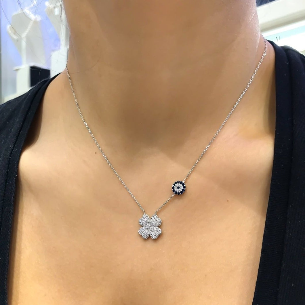 Evil Eye with Four Leaf Clover Silver Necklace - Necklace