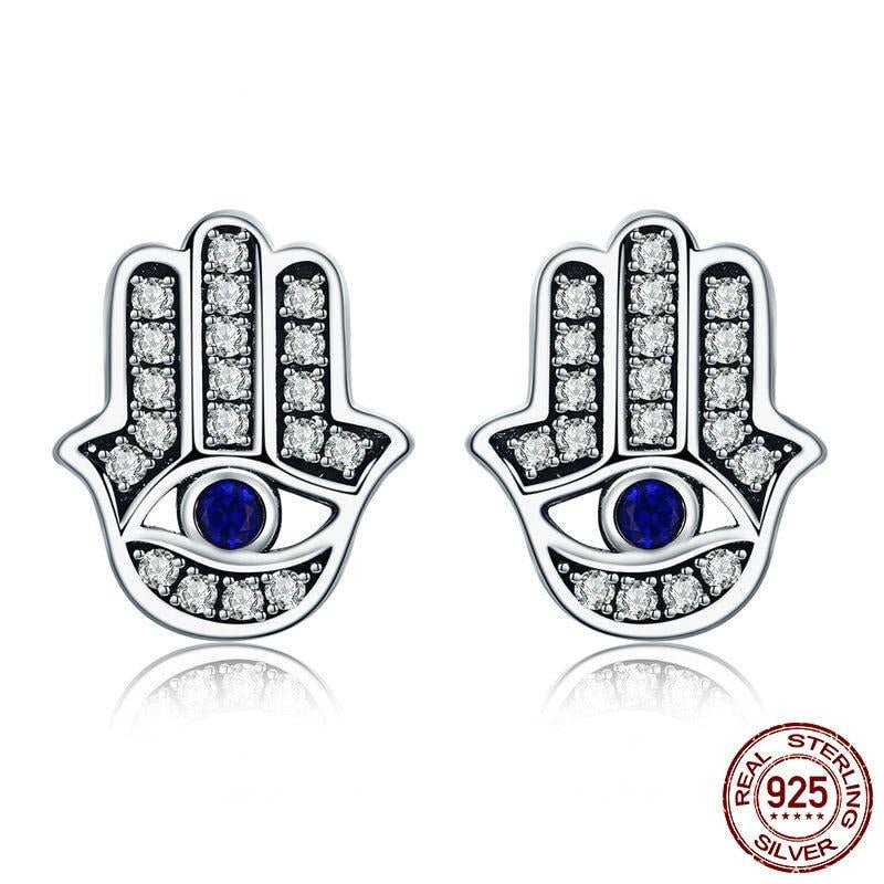 Evil Eye with Hamsa Hand Silver Stud Earrings –