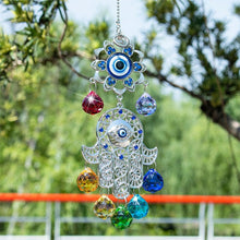 Load image into Gallery viewer, Evil Eye with Hamsa Hand Wall Hanging with Multicolor Suncatcher Crystals - Wall Hanging
