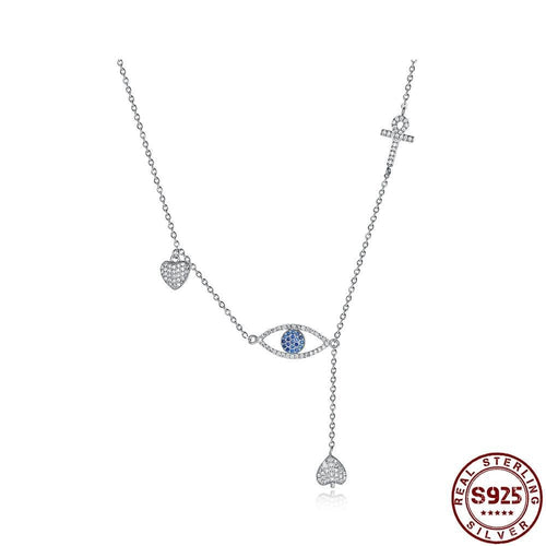 Evil Eye with Hearts and Holy Cross Silver Necklace - Necklace