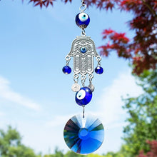 Load image into Gallery viewer, Evil Eyes with Hamsa Hand Wall Hanging with Single Large Blue Crystal - Wall Hanging
