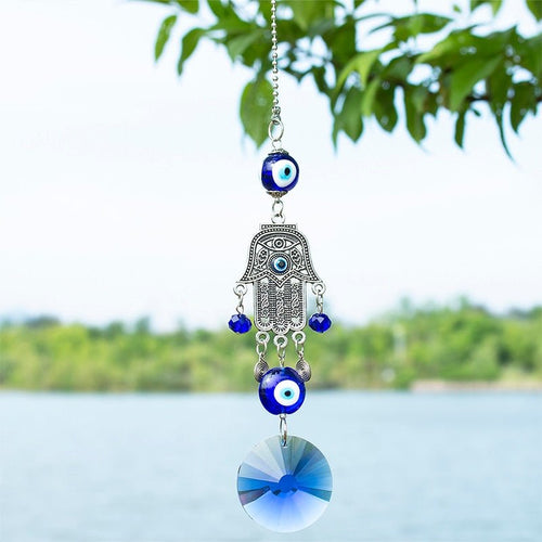 Evil Eyes with Hamsa Hand Wall Hanging with Single Large Blue Crystal - Wall Hanging