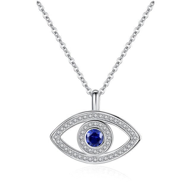 Eye Shaped Blue and White Stone Evil Eye Silver Necklaces - NecklaceSingle Deep Blue Stone