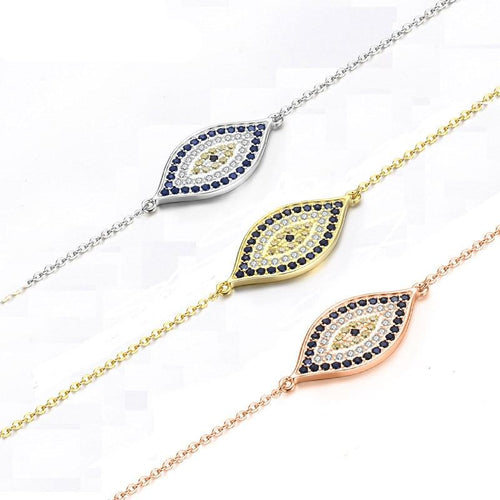 Image of three eye shaped Evil Eye necklaces in a beautiful and delicate, blue and white stone-studded eye-shaped Evil Eye