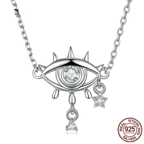 Eye Shaped Evil Eye with Star Charm Silver Necklace - Necklace