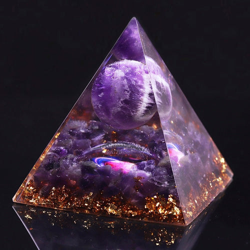 Glow in the Dark Orgone Pyramid with Protective Amethyst - Home DecorSmall