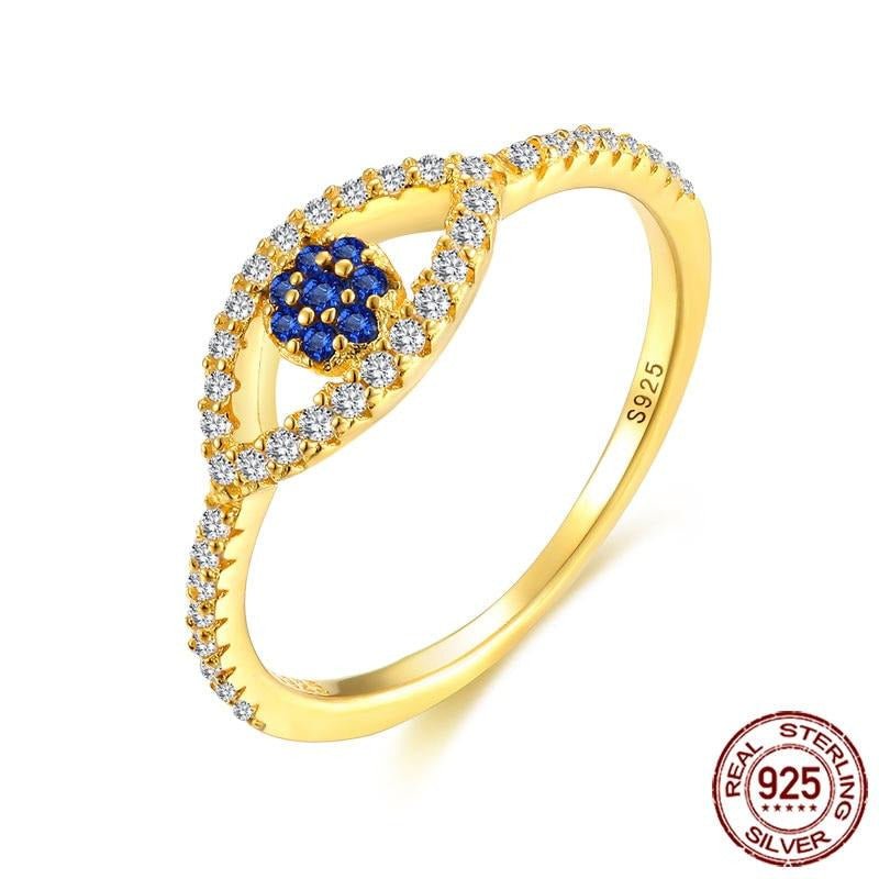 Gold Colored Blue and White Stone Evil Eye Silver Ring - Ring8