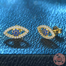 Load image into Gallery viewer, Gold Colored Blue and White Stone Evil Eye Silver Stud Earrings - EarringsSilver
