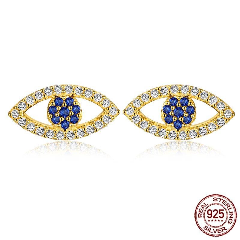 Gold Colored Blue and White Stone Evil Eye Silver Stud Earrings - EarringsGold