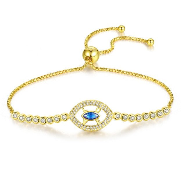 Gold Colored Blue Stone Evil Eye Silver Bracelet - BraceletGold - Style 1