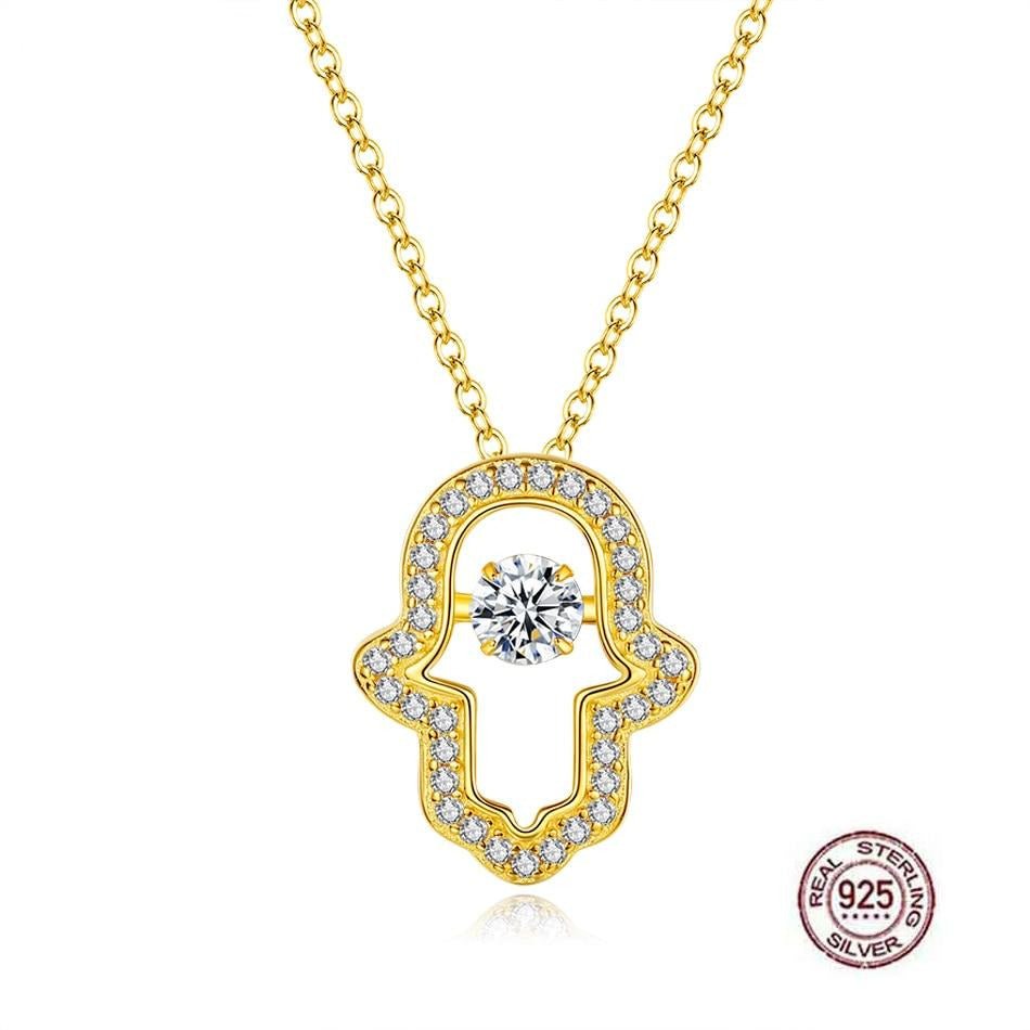 Gold Colored White Stone Hamsa Hand Silver Necklace - Necklace