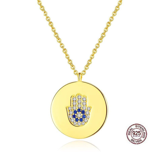Gold Coloured Circular Hamsa Hand Silver Necklace - Necklace
