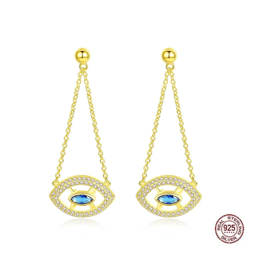 Golden Colored Evil Eye Silver Dangle Earrings - Earrings