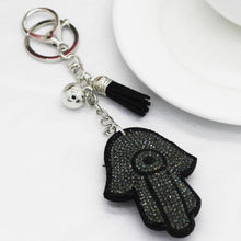 Load image into Gallery viewer, Gray Stone Studded Hamsa Hand with Evil Eye Keychain - Keychain

