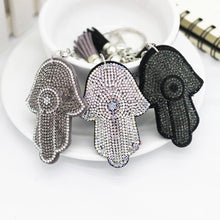 Load image into Gallery viewer, Gray Stone Studded Hamsa Hand with Evil Eye Keychain - Keychain
