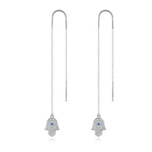 Load image into Gallery viewer, Hamsa Hand with Evil Eye Silver Threader Earrings - EarringsCircular Evil Eyes
