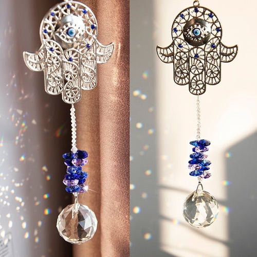 Hamsa Hand with Evil Eye Wall Hanging with Single Large Suncatcher Crystal - Wall Hanging