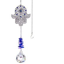 Load image into Gallery viewer, Hamsa Hand with Evil Eye Wall Hanging with Single Large Suncatcher Crystal - Wall Hanging
