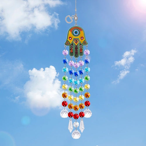 Hamsa Hand with Evil Eye Wall Hanging with Suncatcher Crystals - Wall Hanging