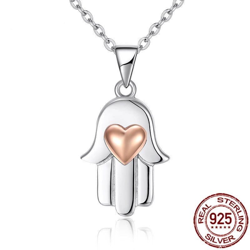 Hamsa Hand with Heart Silver Necklace - Necklace