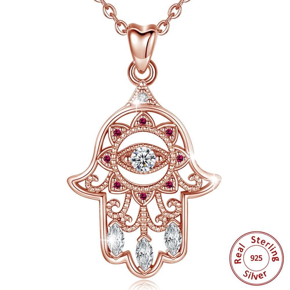 Hamsa Necklace with Evil Eye and Lotus Flower Inside - NecklaceRose Gold