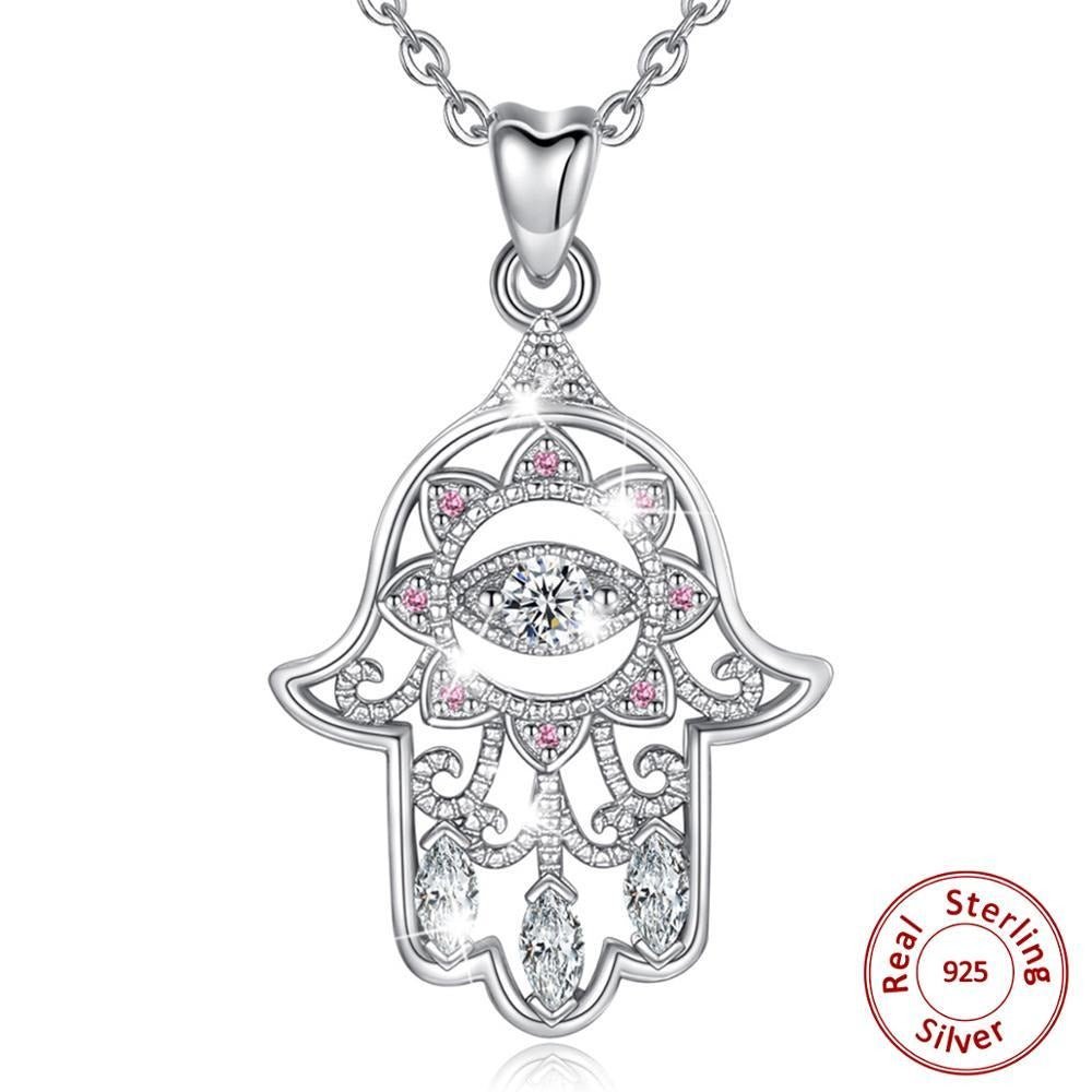 Hamsa Necklace with Evil Eye and Lotus Flower Inside - NecklaceSilver
