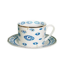 Load image into Gallery viewer, Hand Painted Evil Eye and Hamsa Hand Themed Ceramic Dinnerware Set - Dinnerware SetEvil Eye Cup and Saucer Set2023
