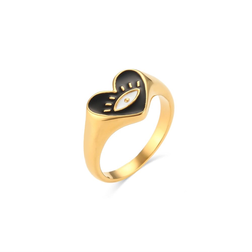 Heart Shaped Black Evil Eye Ring (Gold Plated) - RingBlack6