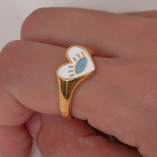Load image into Gallery viewer, Heart Shaped White Evil Eye Ring (Gold Plated) - RingRed6
