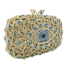 Load image into Gallery viewer, Light Blue and White Stone Studded Evil Eye Clutch - Golden - Handbag
