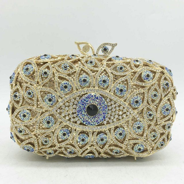 Light Blue and White Stone Studded Evil Eye Clutch - Golden - Handbag