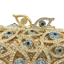 Load image into Gallery viewer, Light Blue and White Stone Studded Evil Eye Clutch - Golden - Handbag
