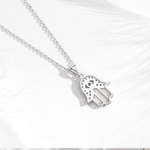 Load image into Gallery viewer, Light Blue Stone Evil Eye in Hamsa Hand Silver Necklace - Necklace
