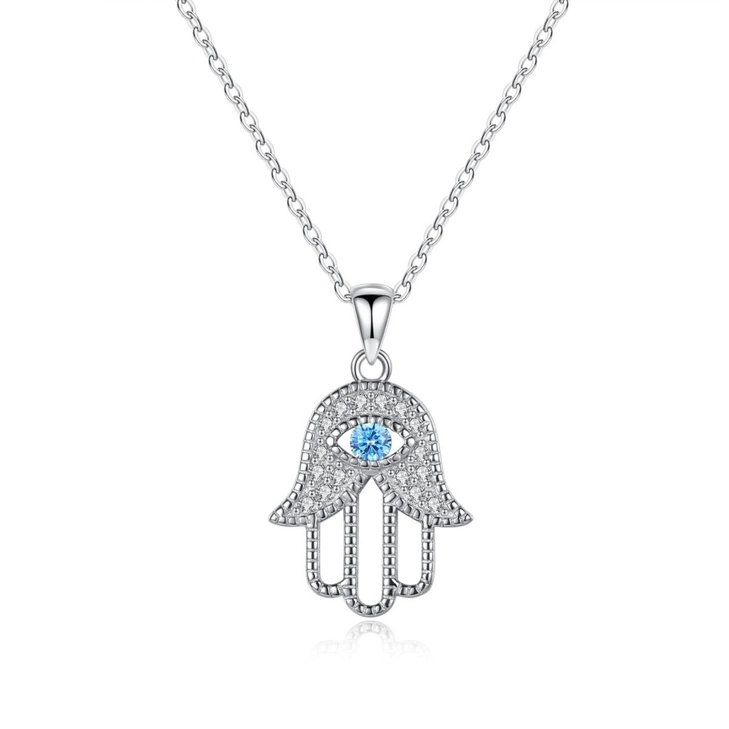 Light Blue Stone Evil Eye in Hamsa Hand Silver Necklace - Necklace