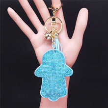 Load image into Gallery viewer, Light Blue Stone Studded Hamsa Hand Keychain - Keychain
