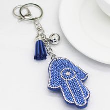 Load image into Gallery viewer, Light Blue Stone Studded Hamsa Hand with Evil Eye Keychain - Keychain
