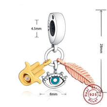 Load image into Gallery viewer, Mini Evil Eye Hamsa Hand and Feather Silver Pendant - Pendant

