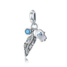 Load image into Gallery viewer, Mini Hamsa Hand, Feather and Evil Eye Silver Pendant - Pendant
