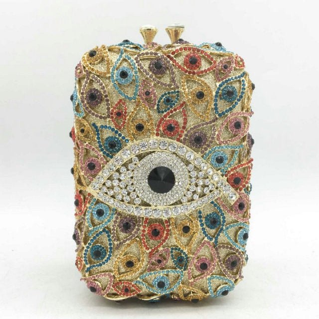 Multicolor Stone Studded Evil Eye Clutch - Golden - Handbag