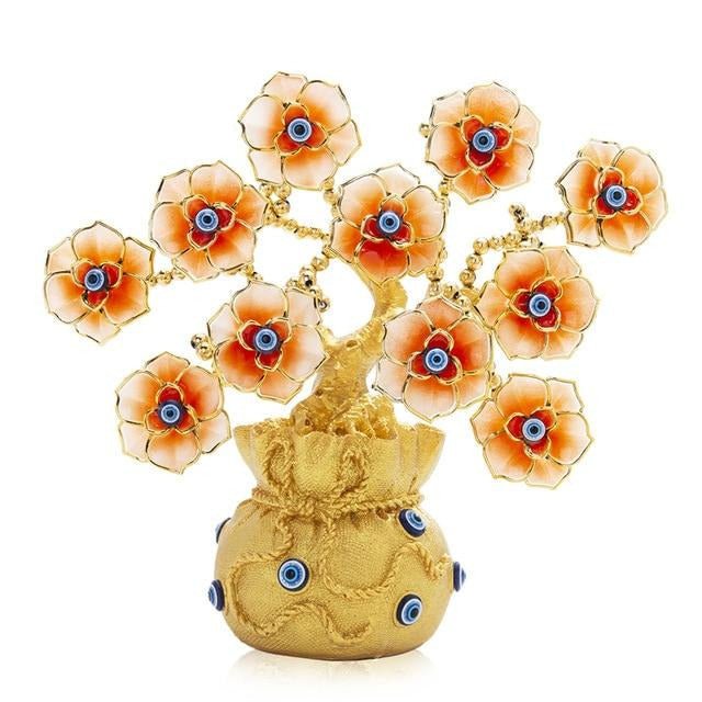 Orange Flowers with Evil Eyes in Feng Shui Money Bag Desktop Ornament - Ornament