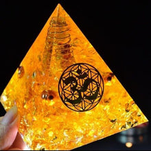 Load image into Gallery viewer, Orgone Pyramid: Sun and Cosmic Vibrations with Sacred Om Symbol, Prosperous Citrine and Copper - Home Decor5 cm or 2&quot;
