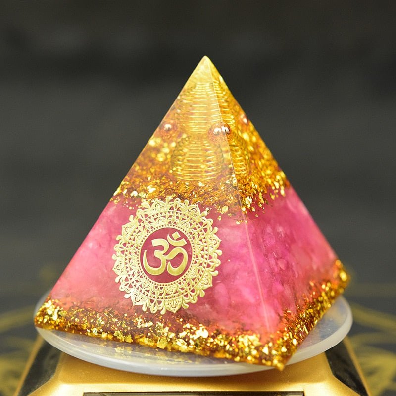 Orgone Pyramid with Divine Om and Loving Rose Quartz - Home Decor