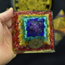 Load image into Gallery viewer, Orgone Pyramid with Enlightening Golden Om and Healing Crystal Spectrum - Home Decor
